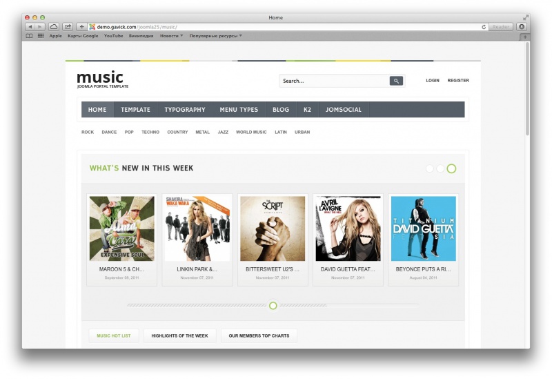 GK Music - музыкальный шаблон Joomla, с элементами социальной сети